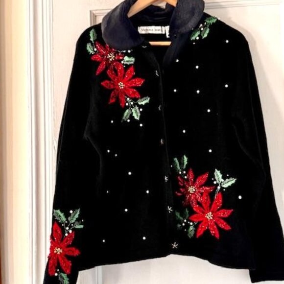 Victoria Jones Christmas Sweater Removable Faux Fur Collar Festive Holiday Wear - Picture 1 of 11